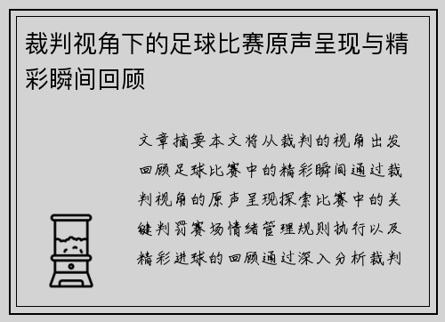 裁判视角下的足球比赛原声呈现与精彩瞬间回顾
