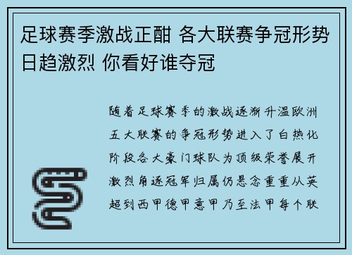 足球赛季激战正酣 各大联赛争冠形势日趋激烈 你看好谁夺冠