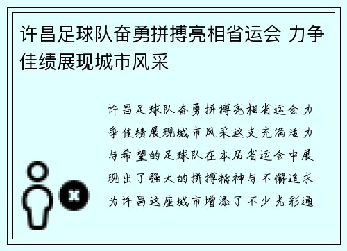 许昌足球队奋勇拼搏亮相省运会 力争佳绩展现城市风采