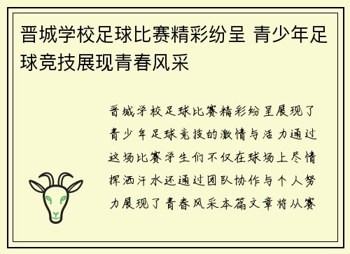 晋城学校足球比赛精彩纷呈 青少年足球竞技展现青春风采