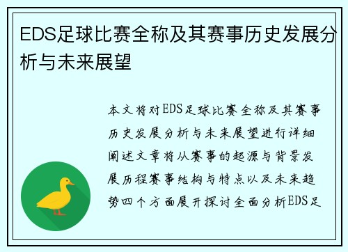 EDS足球比赛全称及其赛事历史发展分析与未来展望