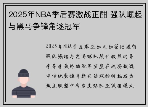 2025年NBA季后赛激战正酣 强队崛起与黑马争锋角逐冠军