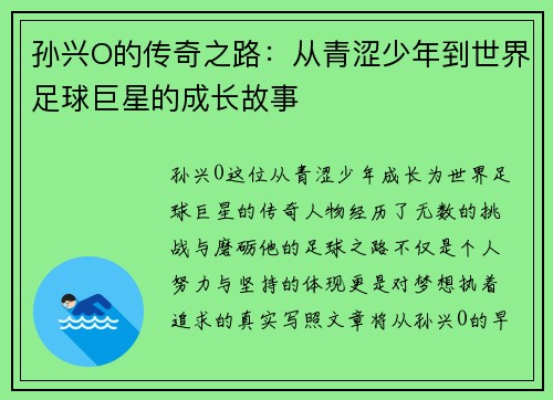 孙兴O的传奇之路：从青涩少年到世界足球巨星的成长故事