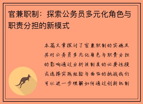 官兼职制：探索公务员多元化角色与职责分担的新模式