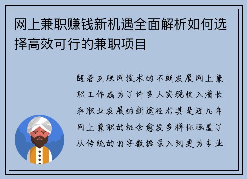 网上兼职赚钱新机遇全面解析如何选择高效可行的兼职项目