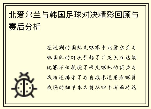 北爱尔兰与韩国足球对决精彩回顾与赛后分析