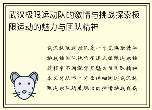武汉极限运动队的激情与挑战探索极限运动的魅力与团队精神
