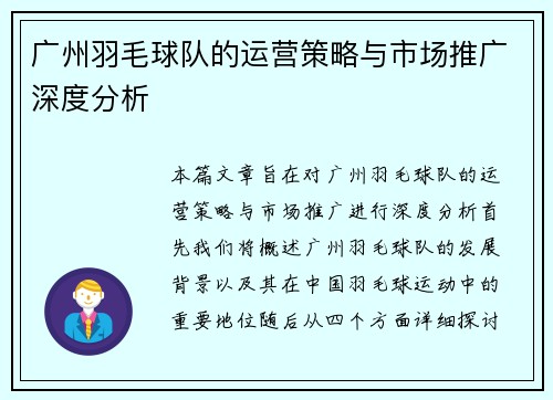 广州羽毛球队的运营策略与市场推广深度分析